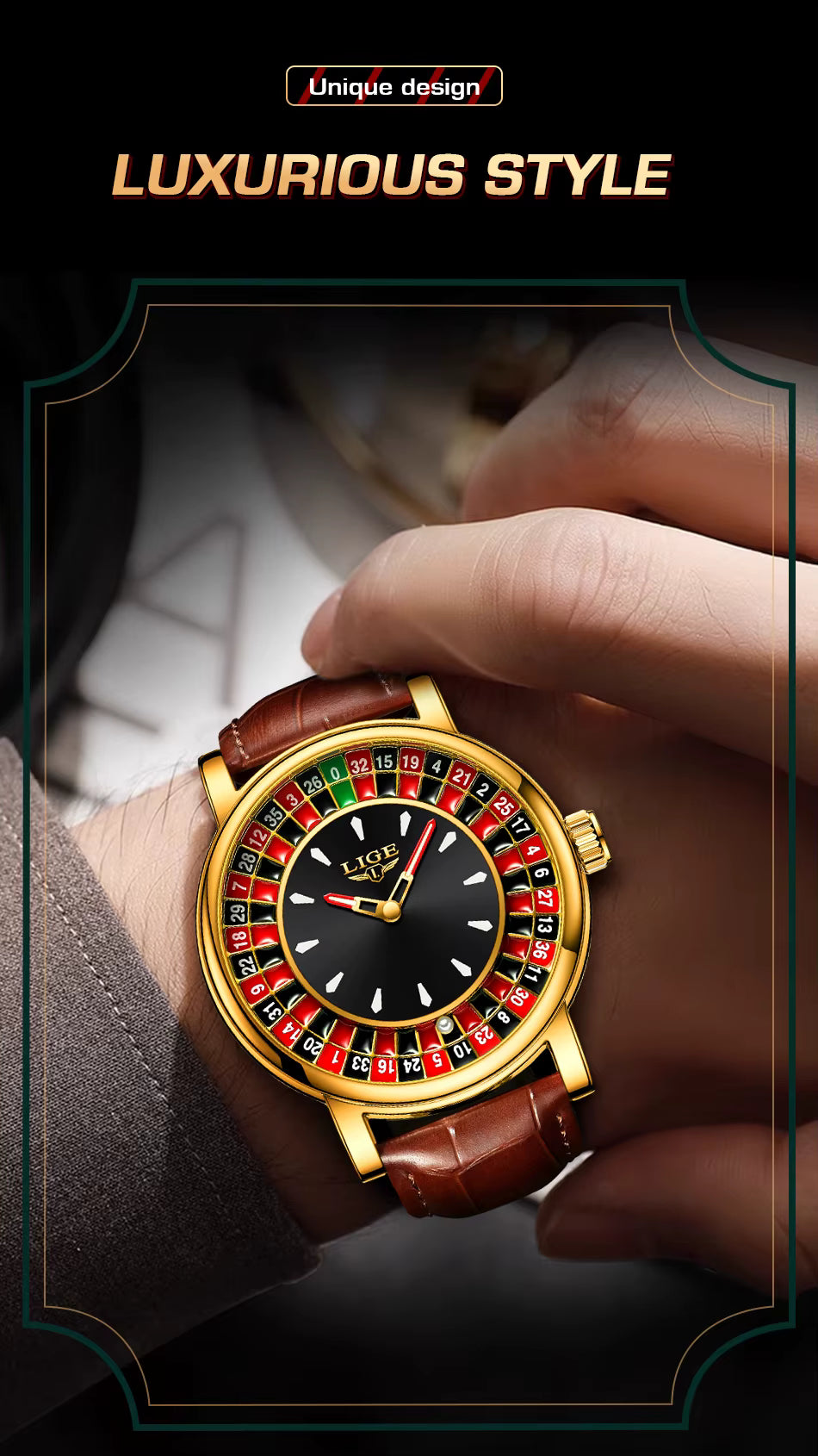 LIGE Men’s Luxury Roulette Dial Quartz Watch – Waterproof, Luminous & Stylish Design