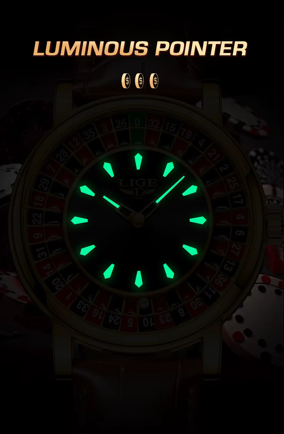 LIGE Men’s Luxury Roulette Dial Quartz Watch – Waterproof, Luminous & Stylish Design