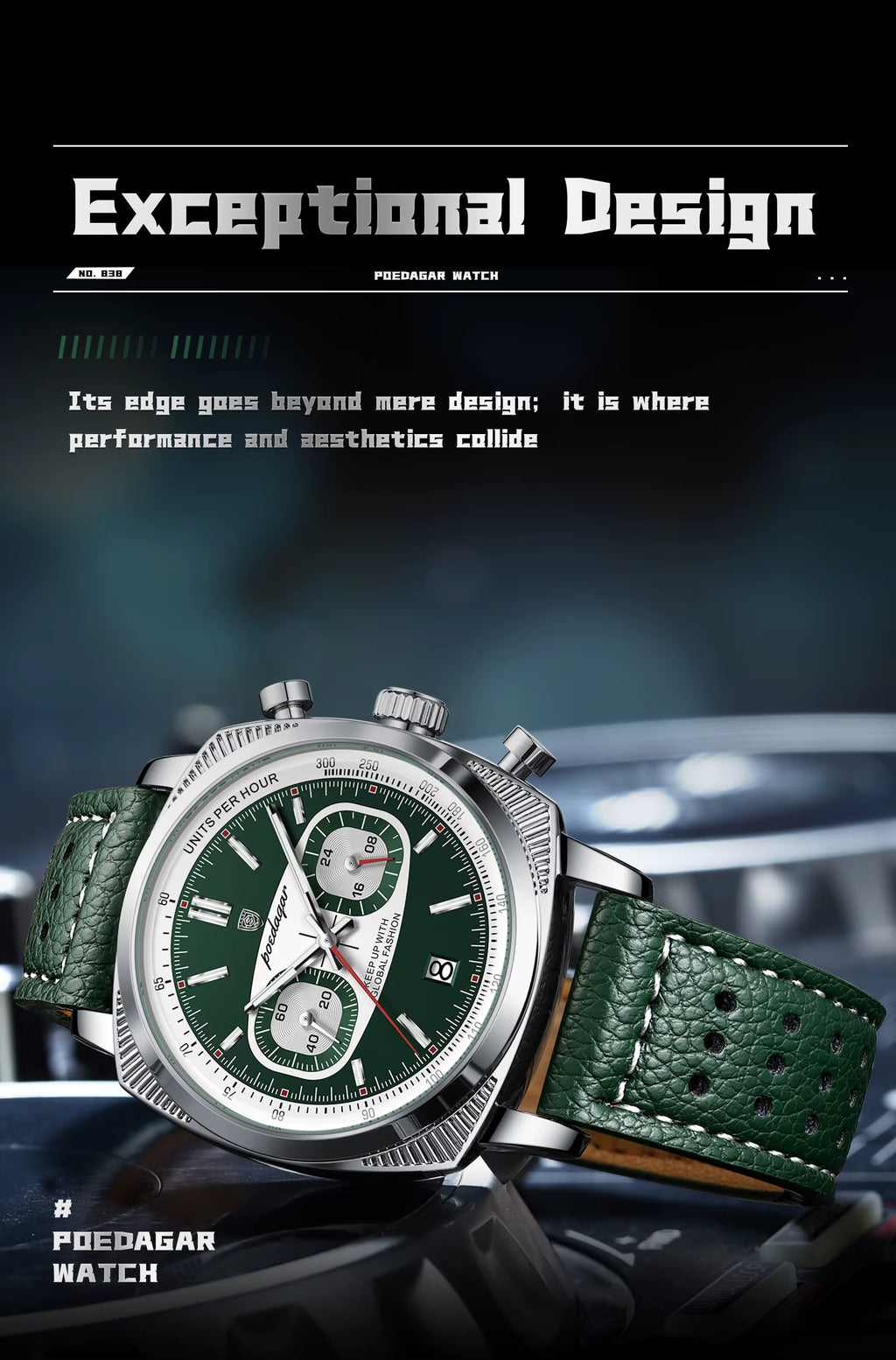POEDAGAR Men’s Quartz Watch – Chronograph, Date Display, Leather Strap, Luminous Dial & Water Resistant
