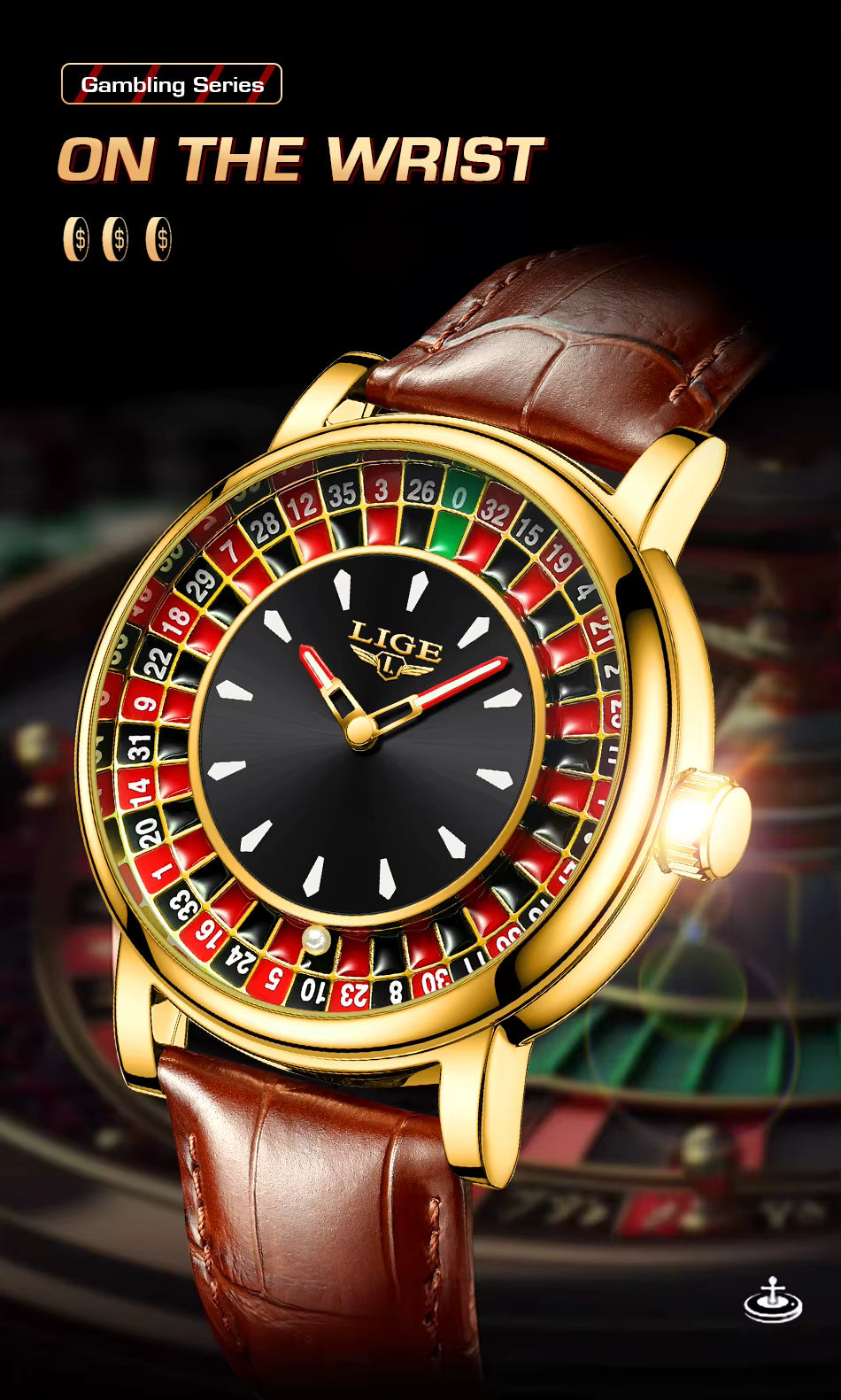 LIGE Men’s Luxury Roulette Dial Quartz Watch – Waterproof, Luminous & Stylish Design