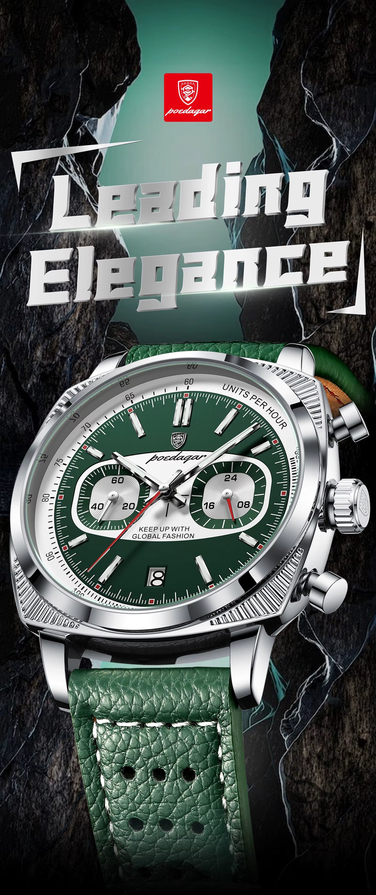 POEDAGAR Men’s Quartz Watch – Chronograph, Date Display, Leather Strap, Luminous Dial & Water Resistant