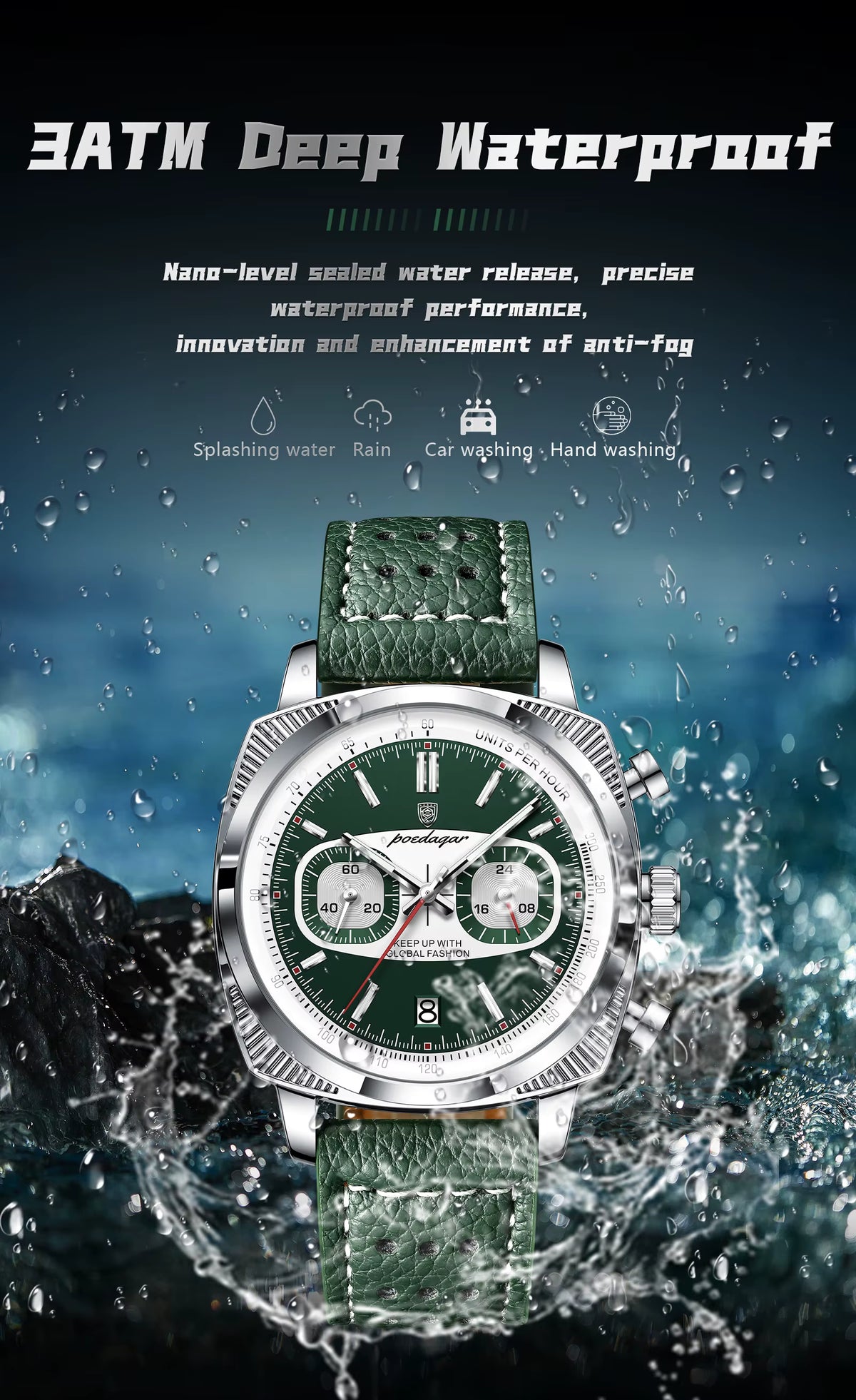 POEDAGAR Men’s Quartz Watch – Chronograph, Date Display, Leather Strap, Luminous Dial & Water Resistant