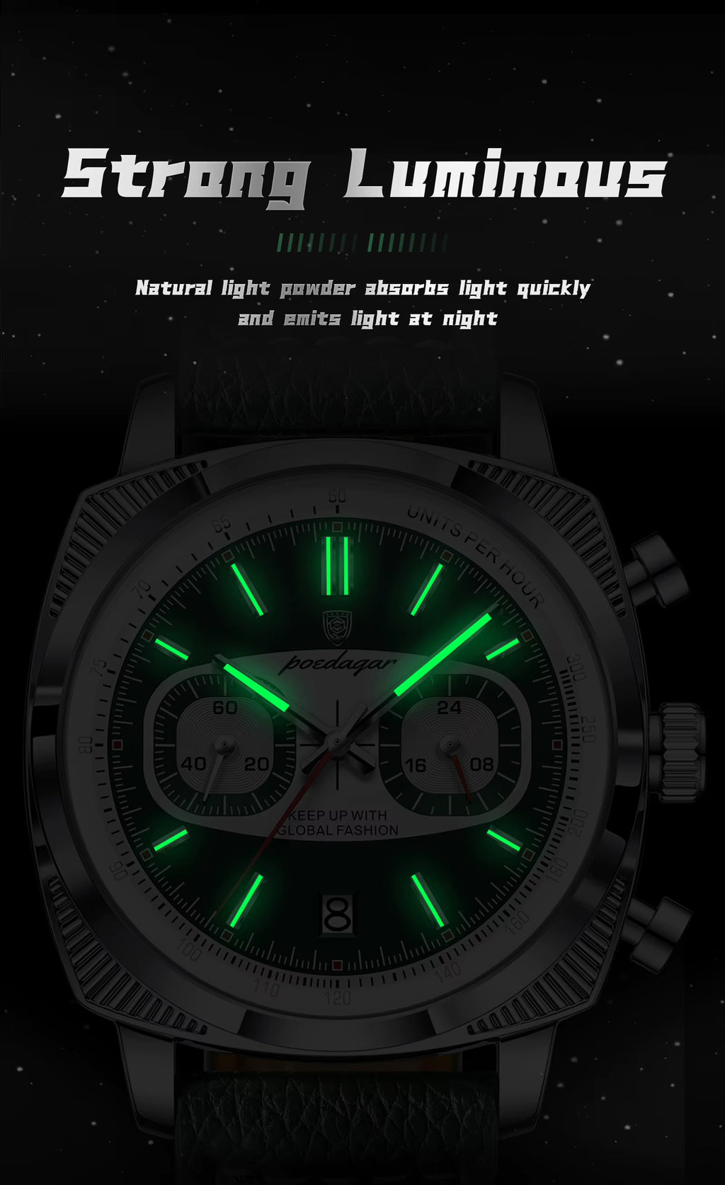 POEDAGAR Men’s Quartz Watch – Chronograph, Date Display, Leather Strap, Luminous Dial & Water Resistant
