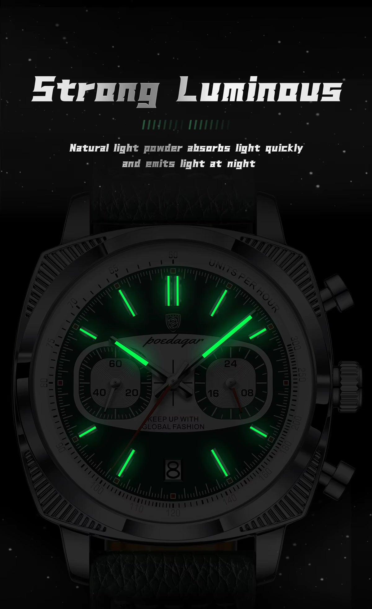 POEDAGAR Men’s Quartz Watch – Chronograph, Date Display, Leather Strap, Luminous Dial & Water Resistant