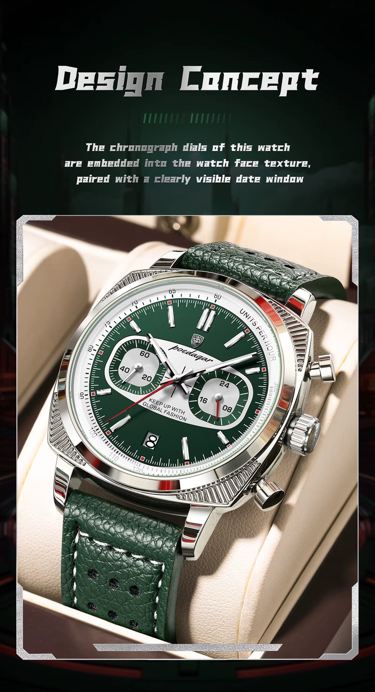 POEDAGAR Men’s Quartz Watch – Chronograph, Date Display, Leather Strap, Luminous Dial & Water Resistant