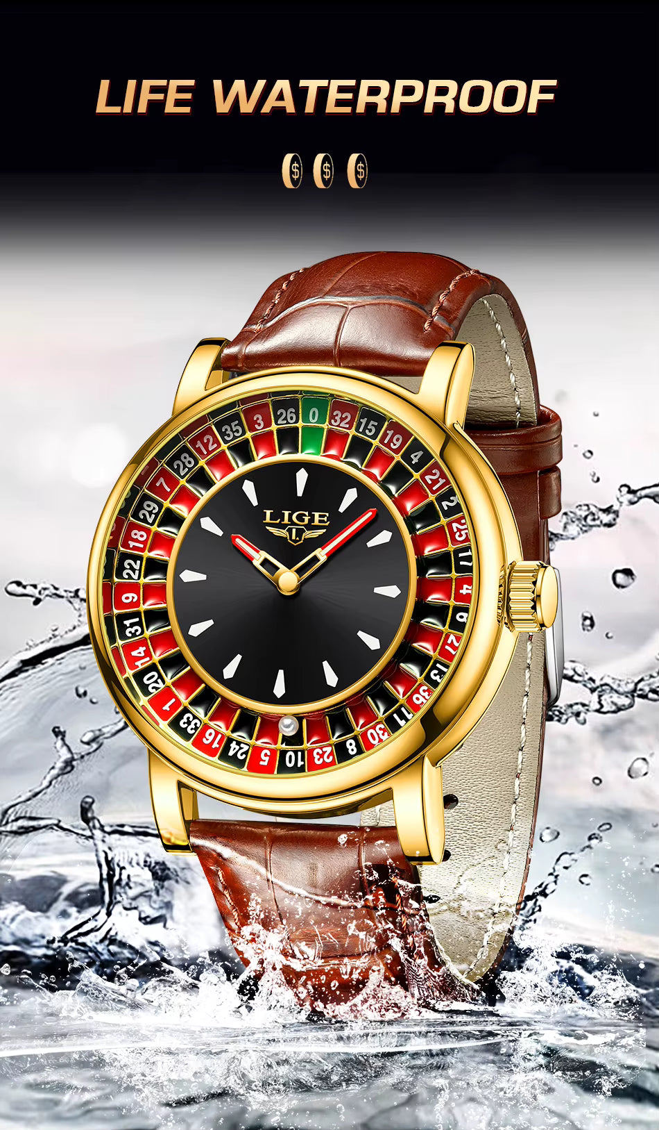 LIGE Men’s Luxury Roulette Dial Quartz Watch – Waterproof, Luminous & Stylish Design