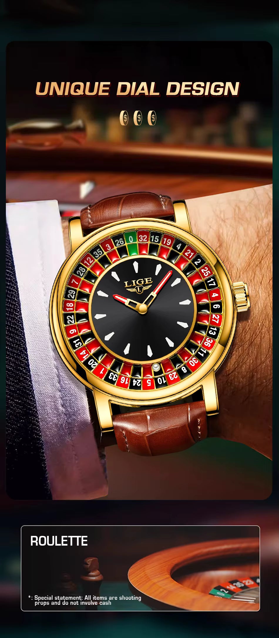 LIGE Men’s Luxury Roulette Dial Quartz Watch – Waterproof, Luminous & Stylish Design