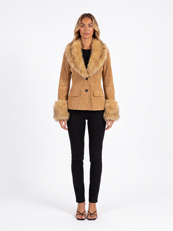 Faux Suede Blazer with Faux Fur Collar