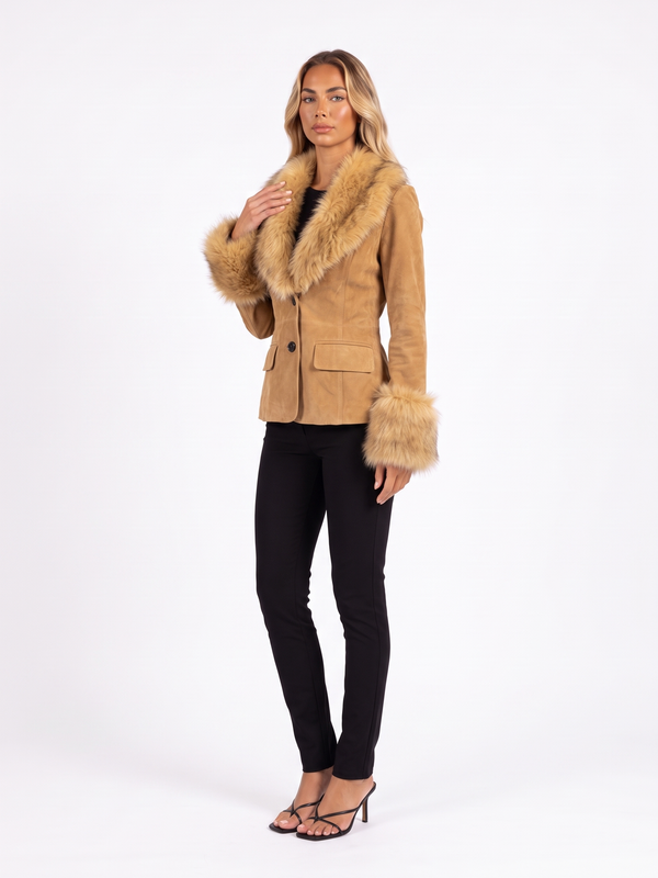 Faux Suede Blazer with Faux Fur Collar