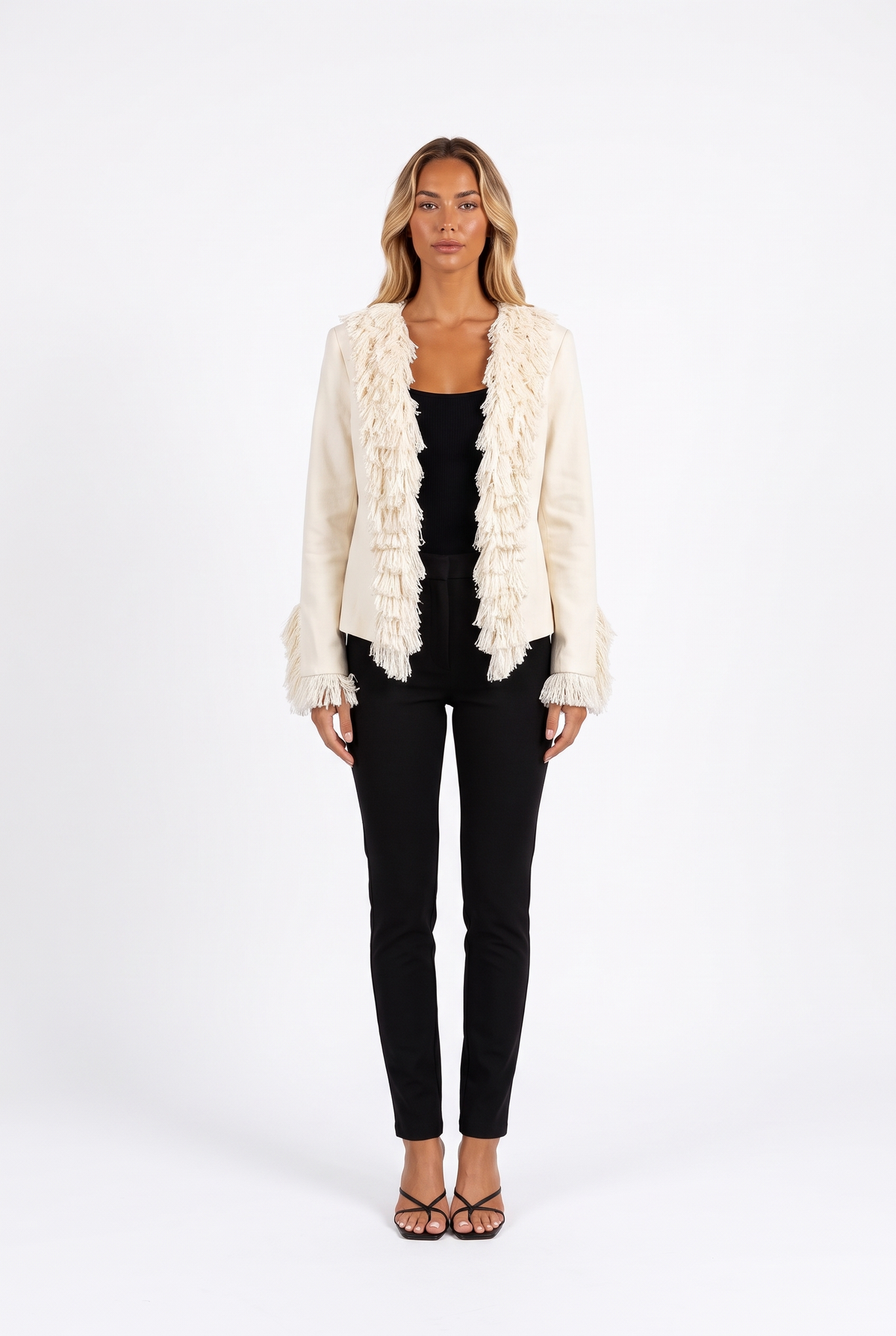 Cream open-front fringe-trim cropped jacket — front