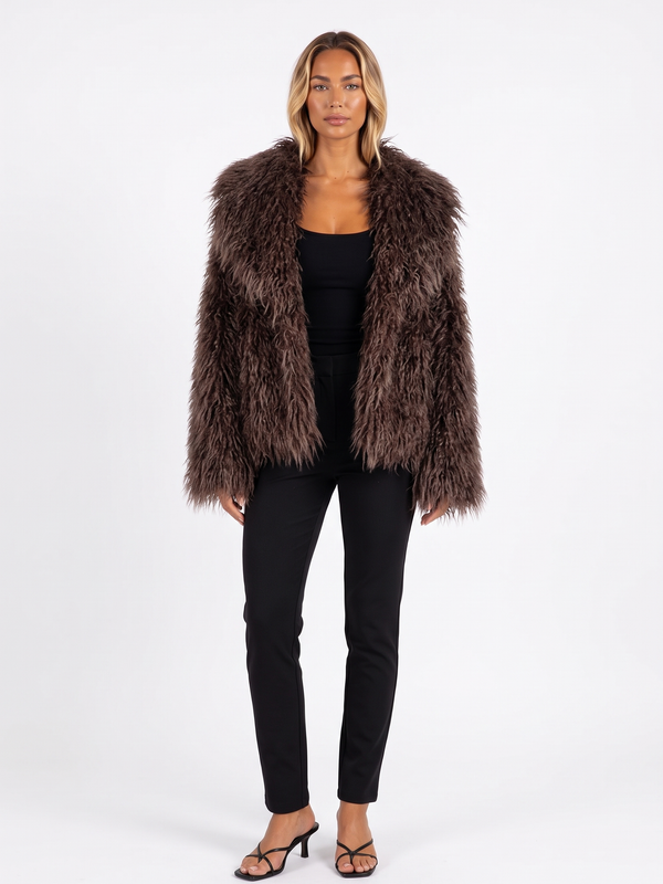 Fluffy Faux Fur Coat with Oversized Shawl Collar