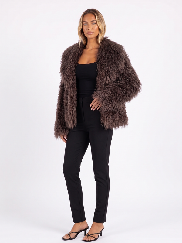Fluffy Faux Fur Coat with Oversized Shawl Collar