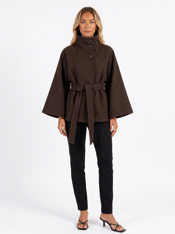 Belted Cape Jacket with Funnel Collar