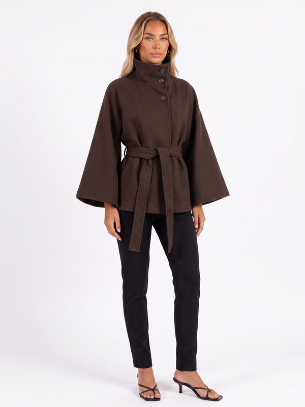 Belted Cape Jacket with Funnel Collar