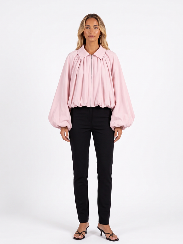 Ruched Puff-Sleeve Zip Bomber Jacket