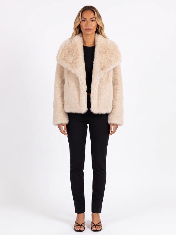 Cream Faux Fur Coat with Oversized Shawl Collar