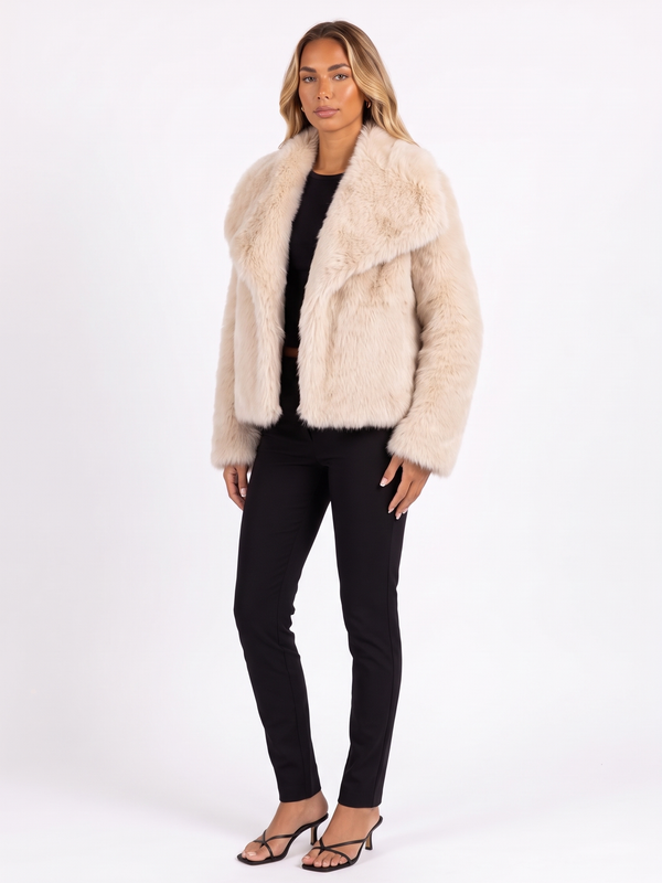 Cream Faux Fur Coat with Oversized Shawl Collar