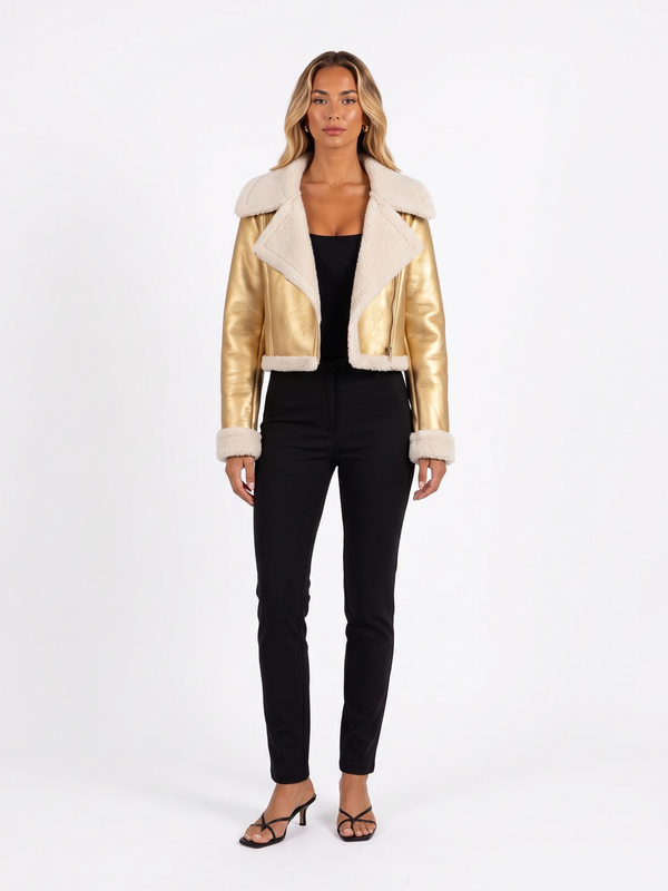 Cropped Moto Jacket with Faux Shearling Trim