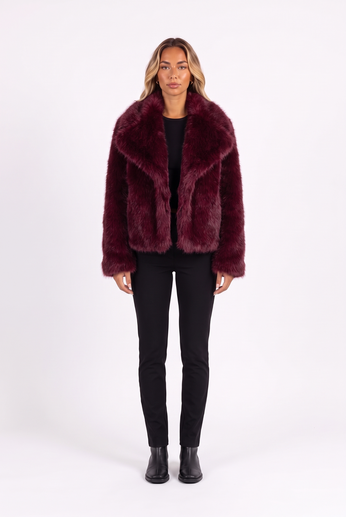 Cream fluffy faux fur jacket with oversized shawl collar in solid burgundy — front