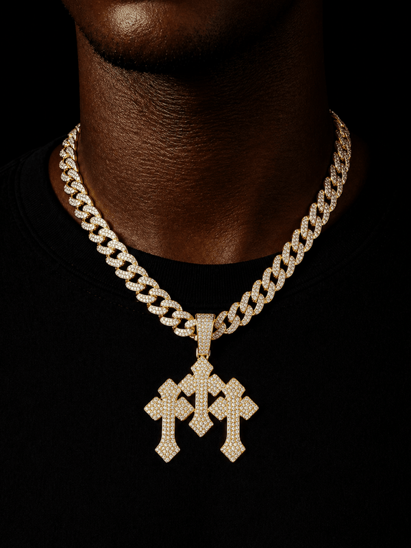 Triple Cross Iced Pendant Gold